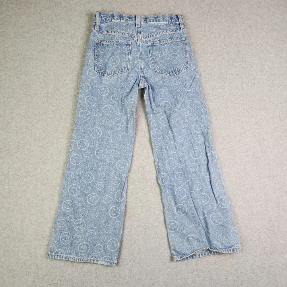 Old Navy Jeans Girls 10 Blue Smiley Face High Rise Built-In Tough Baggy Wide Leg